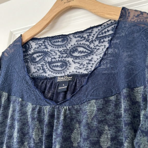 Lucky Brand Peasant Blouse w Sheer Mesh Lace Bodice & Sleeves Navy  & Sage Green - Picture 1 of 10